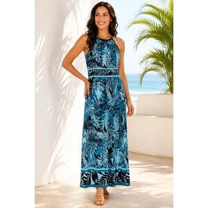 Roz & Ali Women’s Size 10 Tropical Palm Print Halter Maxi Dress Blue Black Resor